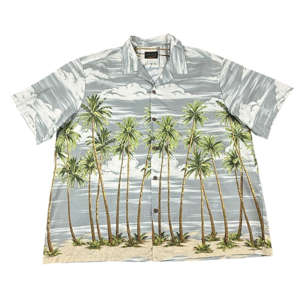RESERVE Hawaiian Shirt Mens 3XL Gray Palm Tree Beach Print Button Front